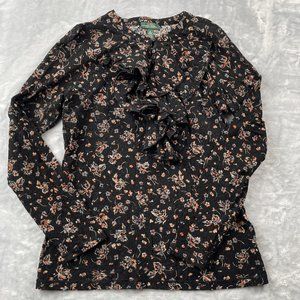 Lauren Jeans Co Ralph Lauren Top Womens Medium Black Lace Ruffle Long Sleeve